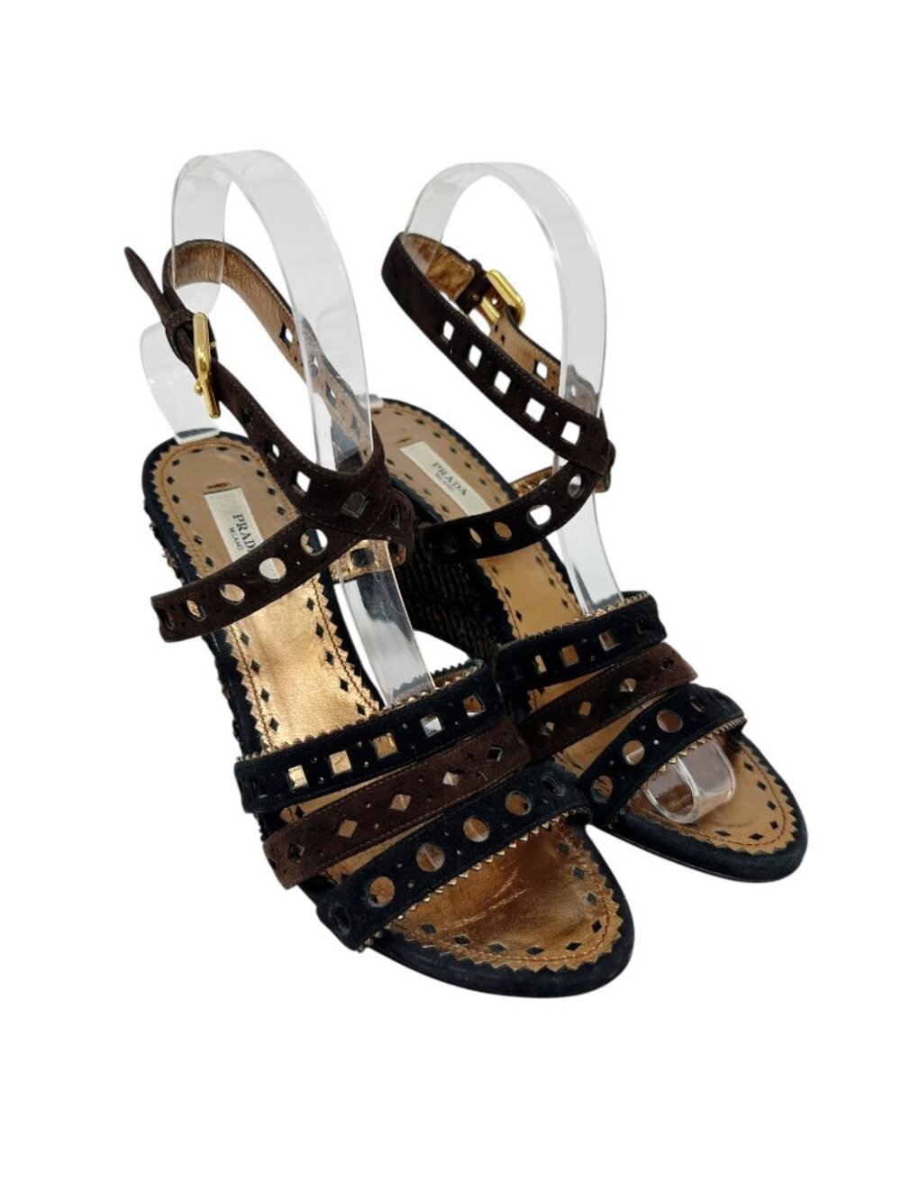 Prada Suede Strappy Wedge Sandals Brown Metallic Gold EU 37